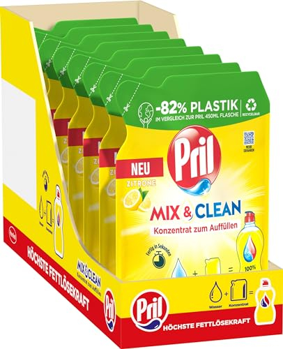 PRIL Mix & Clean Zitrus Konzentrat zum Auffüllen (9 x 120 ml), Handgeschirrspülmittel mit höchster Fettlösekraft, für sauberes Geschirr auch in kaltem Wasser, 82% weniger Plastik