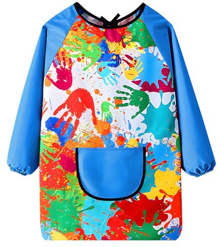 LECTNORE Kids Painting Apron Waterproof Painting Apron Long Sleeve for Kids Children's Art Smock with Pockets for Painting Cooking Eating(Height 80-100cm/blue sleeves)