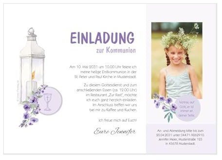 Unser-Festtag Schöne Einladungskarten zur Kommunion für Mädchen mit Foto - kostenloser Eindruck Ihres Textes (20 Karten - 17 x 12 cm)