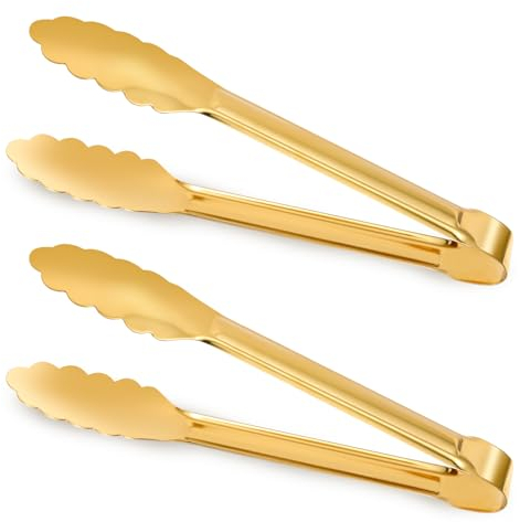 Pinzas de cocina doradas, 2 unidades, 9,5 pulgadas, antideslizantes, aptas para lavavajillas, pequeñas pinzas de carne para barbacoa, cocina, barra de caramelo, boda, bar, bufé