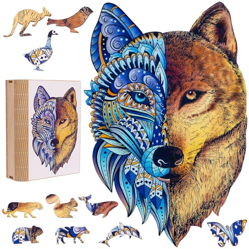 LINPopUp® Holzpuzzle für Erwachsene und Kinder, mit einzigartigen Tierform Puzzleteile, mit hochwertigem Geschenkbox aus Holz, als Geschenk zum Geburtstag, zur Einschulung, Holz Puzzle Wolf, N001