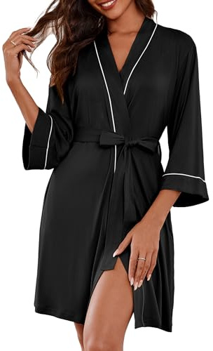 Ekouaer Women Kimono Robes Knee Length Knit Bathrobe Lightweight Soft Sleepwear V-neck Casual Ladies Loungewear