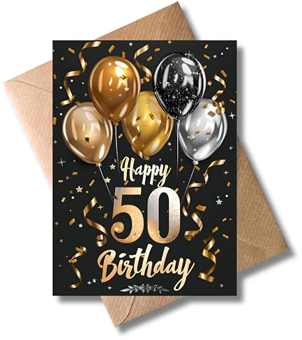 WBdesignz Geburtstagskarte 50. Geburtstag – DIN A6 – „Happy 50 Birthday“ mit Ballons & Konfetti – elegante Glückwunschkarte fünfzig – für Frauen & Männer (DIN A6)