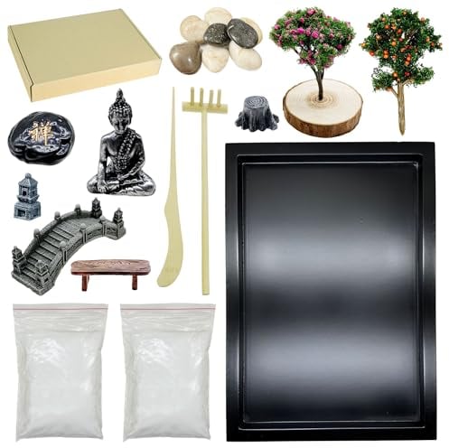 Woohome Home Zen Garden Kit, Zen Garten Zubehör, Zen Sand Ornamente, Zen Garten Set mit Weißer Sand, Felsen, Mini Stühle, Türme, Brücken, Modellbäume für Home Office Desktop Dekor
