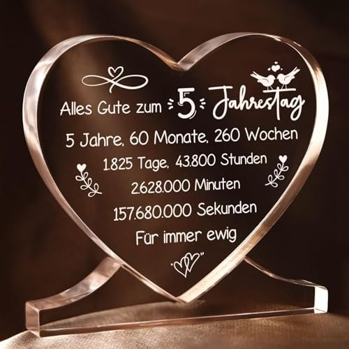 Juratar® 5. Jahrestag Geschenk für Paare 5. Hochzeitstag Geschenke für ihn und sie Jubiläumsgeschenk für Ehemann Herzförmiges Acryl Heimat Dekoration 5 Jahre Jubiläum für Ehefrau