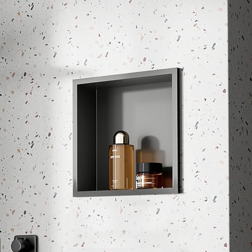 Findepot Shower Niche Stainless Steel, Grey 12” x 12” Niche Wall Insert Tileable, Embedded Black Bathroom Niche Tile Ready Shelf, Shower Niche for Bathroom Shampoo Soap Toiletries