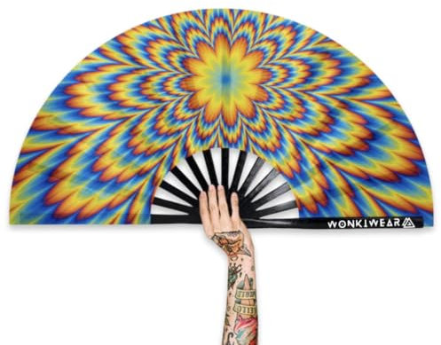 WONKIWEAR Fan, Folding Handheld, Silky Fabric, Trippy Psychedelic Design, Large Strong Black Bamboo. Unisex for Rave, Festival, Concert, Drag, Gay Pride (Psychedelic Silky, Large)