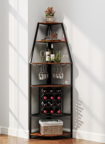 Suuiwau Eck-Weinregal Bodenstehend 5-stöckiges Eck-Barregal mit Glashalter Weinregal Freistehender mit 6-8 Glashaltern Geeignet Weinbar Schrank für Bars, Küchen und Restaurants Vintagebraun-Schwarz