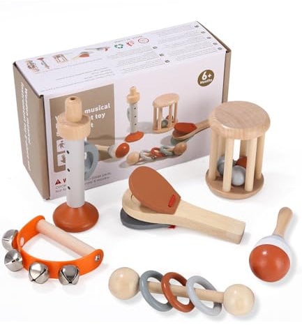 Zhufas Musikinstrumente Für Kinder, 6 PCS Musikinstrumente Musical Instruments Set, Montessori Spielzeug, Spielzeug Von Holz Percussion Kinder Schlagzeug Set, Kinderspielzeug Ab 1+ Jahre.