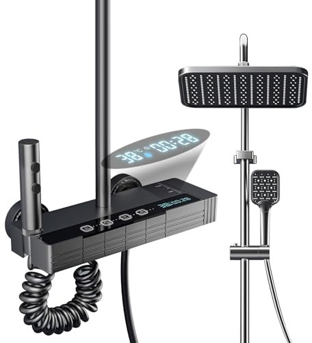 LED Display Digitale Colonna Doccia Termostatica, 80-120 cm Barra Doccia Altezza Regolabile, Colonna Doccia Con Testa Doccia 20 x 30 cm, 3 Miscelatore Doccia Con Piano (B)