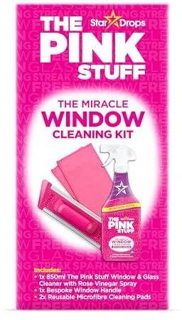 The Pink Stuff Window Cleaning Kit Carton – Streak Free Glass Cleaner with Rose Vinegar 850ml Set, Window Cloth & Scrubber – Removes Dirt, Grease & Grime from Windows, Mirrors & Glass