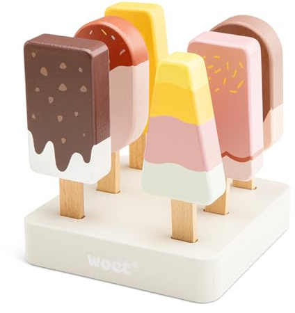 Woet Holz-EIS am Stiel mit Verkaufsständer, 6 Teile | Spiellebensmittel aus Holz, buntes Eis am Stiel, Verkaufsständer, Eisdielen-Rollenspiel, Küchenzubehör, ab 2 Jahren