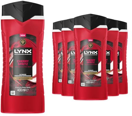 Lynx Fine Fragrance Collection Body Wash for Men Cherry Spritz, Pack of 6, Premium Shower Gel Infused with Essential Oils That Gives You 12 Hours of Freshness, 400 ml