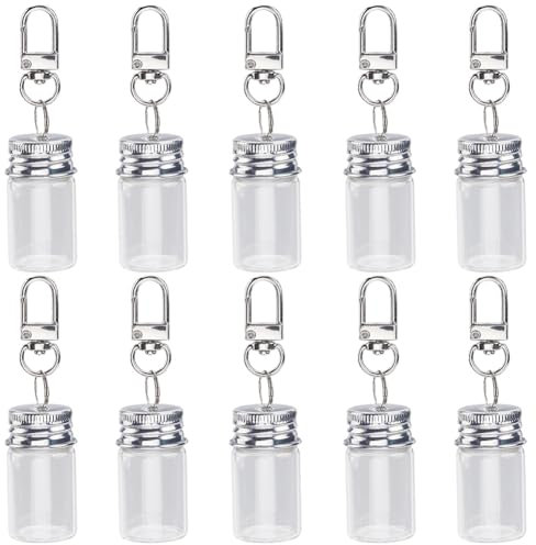 SUNNYCLUE 1 Box 10Pcs Mini Glass Bottles Keychain Message in a Bottle Keychains Bulk Alloy Empty Vials Jars with Platinum Iron Clasps and Cork Key Ring Chains for Crafts Jewellery Making DIY Necklace
