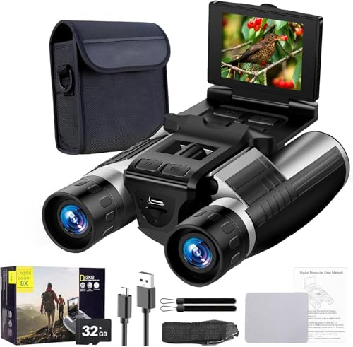 Prismáticos digitales LCD de 2.4 pulgadas con cámara, grabación de video de 48 MP y 2.5 K, óptica de 12 x 32, zoom digital 8X para observación de aves, caza, conciertos y deportes, incluye tarjeta de