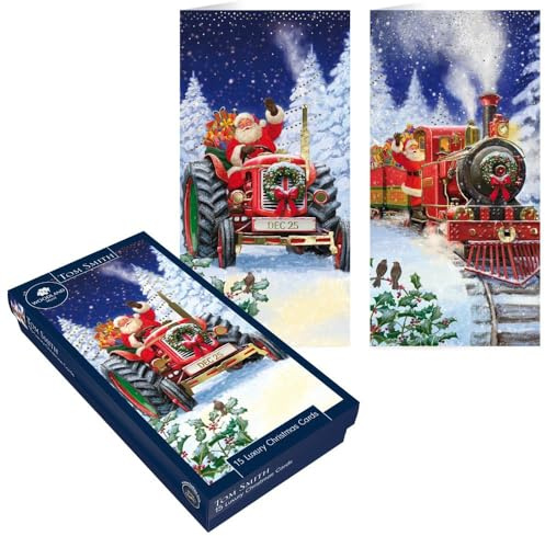 Tom Smith Weihnachtskarten-Set, 15 luxuriöse Weihnachtskarten mit Umschlägen und Siegeln, schlankes Weihnachtsmann-Traktor- und Zug-Design, recyceltes, umweltfreundliches Weihnachtskarten-Set
