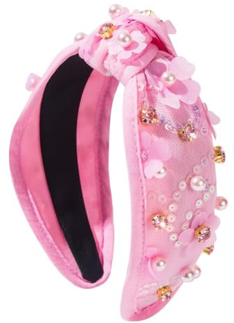 Serre-tête en tissu, strass et paillettes, rose