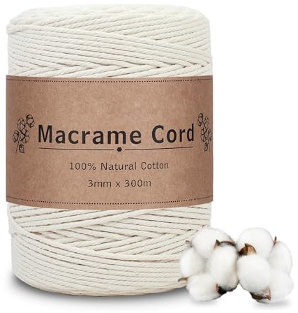 DOBIGER Premium makramégarn Beige, 3 mm x 300 m Stor Rulle | 100% Bomull & Oblekt | för Stora Vägghänge och Mjuka Växtkorgar | Supermjukt Bomullsrep för Boho Dekoration