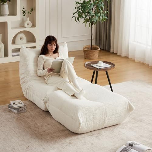 DRIXNO Bodensofa, Bodenstuhl mit Fußstütze, Boden-Loungesessel, Ecksitzsäcke, Sitzsack Sofa, Bodensofa mit Rückenlehne, Meditationsstuhl für Wohnzimmer, Schlafzimmer, Gaming und Büro, Beige