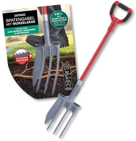 EASYmaxx 2 in 1 Spatengabel mit Wurzelsäge | Wurzelspaten mit Sägefunktion | 2 in 1 Gartenschaufel & Gartenspaten | clevere Trittkanten | Graben, schneiden, sägen & ausheben mit Präzision & Effizienz
