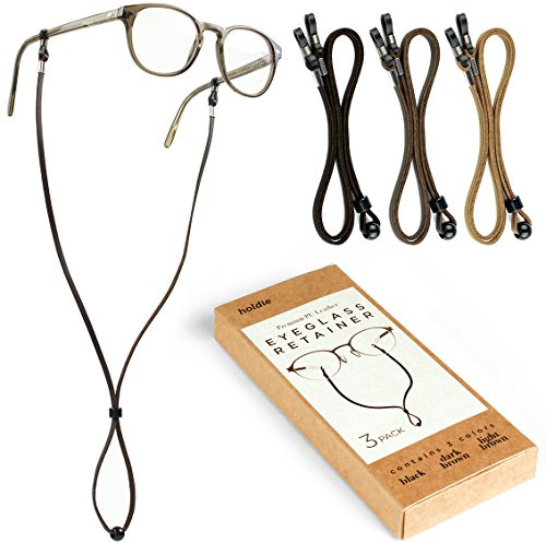 Holdie Eyeglass Retainer Glasses Strap Holder - Anti-Slip Adjustable Length - Premium PU Leather - Unisex Eyewear Retainer - Universal Fit for Glasses and Sunglasses [3 Pack Bonus Cleaning Cloth]