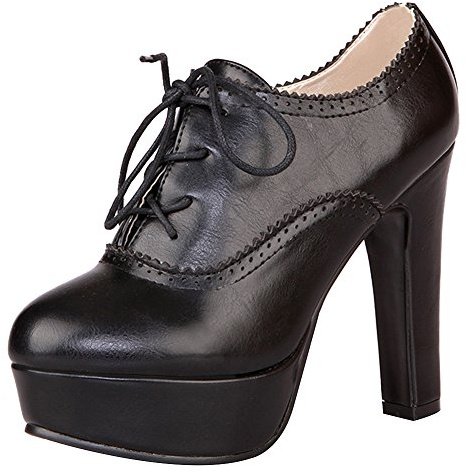 Jamron Femmes Vintage Haut Plateforme Bloc Talon Escarpins Élégant Lacets Brogue Oxfords Noir SN02833 EU40
