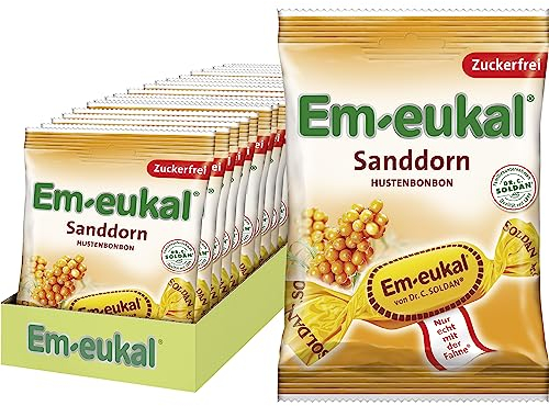 Em-eukal Hustenbonbons Sanddorn, Zuckerfrei & laktosefrei, Lutschbonbons mit Vitamin C, Ohne Zucker – 20x75g