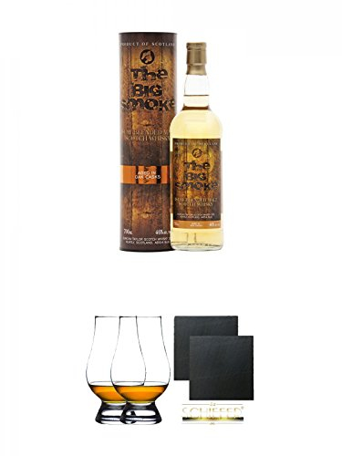 Big Smoke 46% Blended Islay Malt Duncan Taylor 0,7 Liter + The Glencairn Glass Whisky Glas Stölzle 2 Stück + Schiefer Glasuntersetzer eckig ca. 9,5 cm Ø 2 Stück