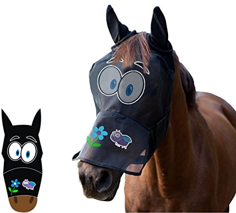 LTG PRO® Häst ponny kolv flugmask nät slöja huva heltäckande ansikte tecknad polyester öron näsa skydd (tecknade stora ögon, full)