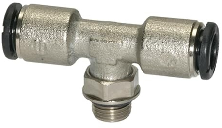 Raccordo a T »click-clock«, girevole, M5 a., per tubo esterno Ø 4 mm, pressione di lavoro max. 16 bar, ottone nichelato, SW 9