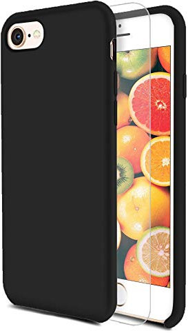 Feyten Coque iPhone 8/ iPhone 7 [avec Verre Trempé], Silicone Liquide Housse Case Anti-Choc Anti-Rayures Protection Complète Cover Étui avec Tissu Microfibre Coussin Coveri (Noir)