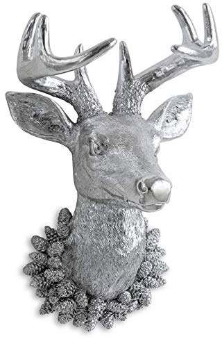 H.Bauer jun. große Kunststein XL Hirschkopf Geweih Deko für die Wand - Silberne Skulptur Jagd zum Aufhängen - 8 Ender - 42 cm hoch