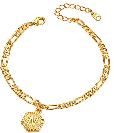 FOCALOOK Pendentif Initial Plaqué Or Femme Bracelet de Cheville Lettre N Doré - Chaîne Figrao 3 en 1