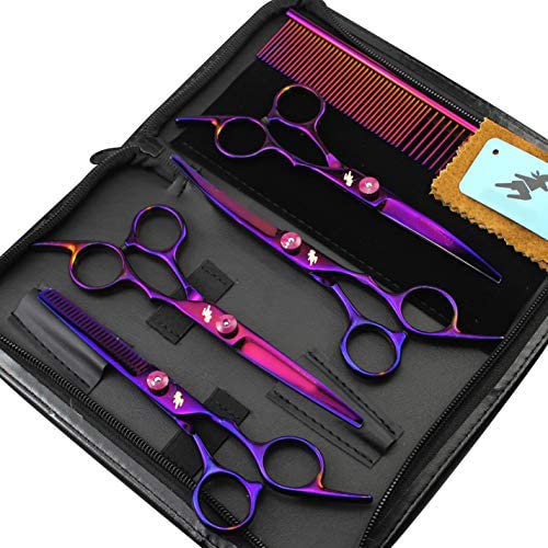 Freelander Haustierpflegescheren-Set aus Edelstahl, Haarpflege für Hunde oder Katzen, mit 6 zoll langer Schere, Effilierschere, gebogene Schere, Fellpflegekamm (lila)