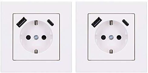Jung SCHUKO USB-Steckdose Typ AC Komplett-Set Serie A: 2x Steckdose A152015CAWW und 2x 1-fach Rahmen A5581BFWW Alpinweiß