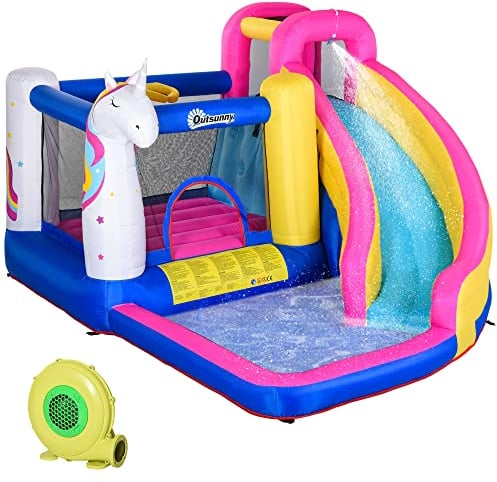 Outsunny Hüpfburg mit Gebläse für Kinder aufblasbare Wasserpark mit Wasserrutsche Planschbecken Trampolin Basketballkorb Hüpfburgen für Indoor Outdoor Springburg Geeignet für 3 Kinder von 3–8 Jahren