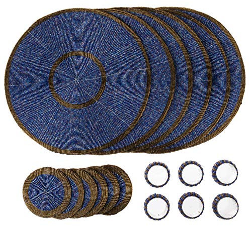 Penguin Home Handcrafted Glass Beaded Round Placemats, Coasters & Napkin Rings Set of 18 - Handmade Table Place Mats for Dining - 32 cm (13) Diameter (Blue and Antique)