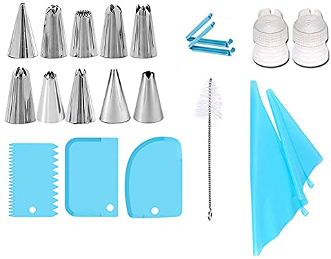 Meiyea 20 Pcs Piping Bags and Nozzles Set, with 2 Silicone Icing Piping Cream Pastry Bag and 10 Piping nozzles,2 Coupler, 3 Plastic Scrapers and More Accessories for Cake DIY