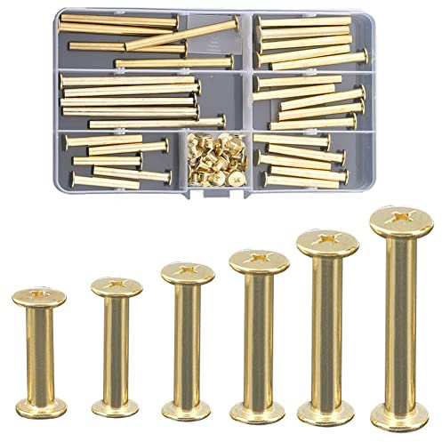CONPHERON 30 Sets di Viti per Rilegatura Ottonato 6 Dimensioni Perni Tondi in Metallo Perni per Viti Rivetto per Chiodi per Rilegatura in Pelle (5 x 35/40/45/50/60/70 mm)