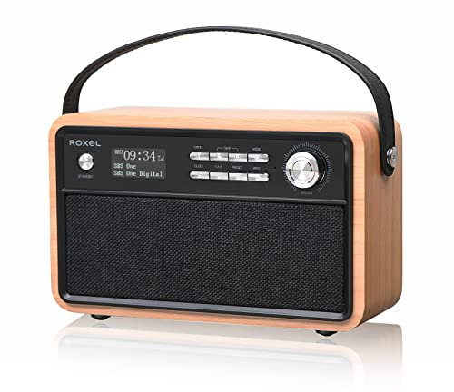 Roxel Retro D1 Vintage DAB+/FM Radio Wireless Speaker | Bedside Alarm Clock with Sleep Function. Rustic Exterior, Mains and USB Rechargeable, TF card, AUX and USB Compatible (Oak)