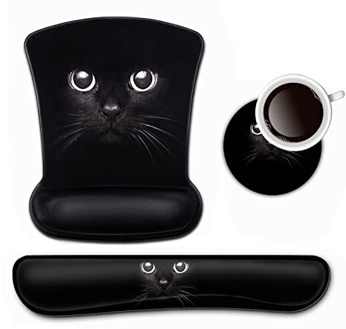Tastatur-Handgelenkauflage und Mauspad, Handgelenkstützen-Set, schwarze Katze, ergonomisches Gel-Mauspad, einfaches Tippen, Schmerzlinderung, Memory-Schaum-Tastatur-Mauspad-Set mit Untersetzern