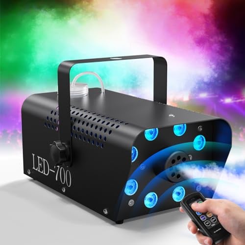 Machine à fumée 700 W avec 8 effets de lumière LED, 8 couleurs RVB sans fil Mini machine à fumée pour mariage, fête, Halloween, Noël, discothèque, club