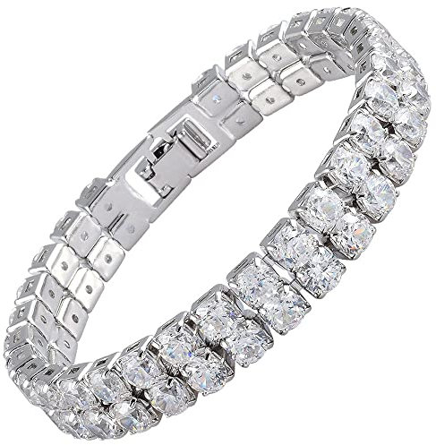RIZILIA ICONIC - Bracciale tennis placcato in oro bianco 18 K con zirconia cubica rotonda da 5 mm, a doppia fila, 17,8 cm, Metallo, Topazio bianco artificiale