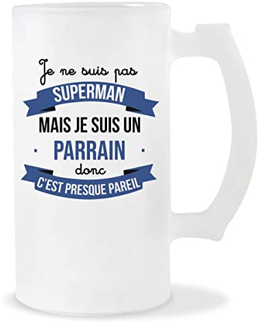 Chope de bière Parrain Superman | Verre à Bière Pinte 50 cl Cadeau famille original et drôle