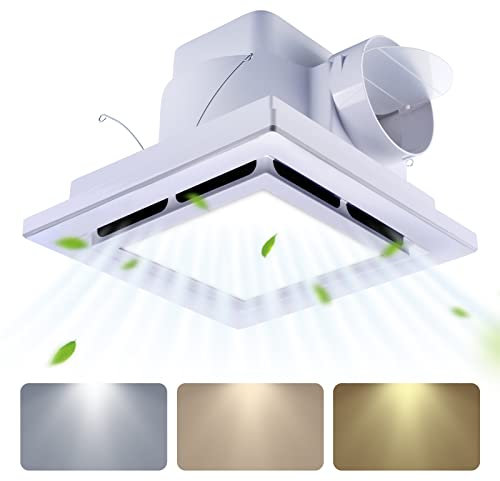 Tolery Bathroom Fan with Light Ceiling Mount Shower Ventilation Exhaust Fan with Color Change Light 3000K/4000K/6000KVent Fan and Light Combo for Home 1.0Sone 110 CFM 110V 4 Duct Square White