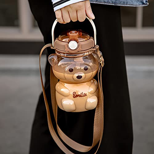 TourKing Teddy Bear Water Bottles with Adjustable Straw,3D Stickers and Strap,Portable Leakproof BPA-Free for School Sports Camping Hiking Travel(1000ml/34oz)