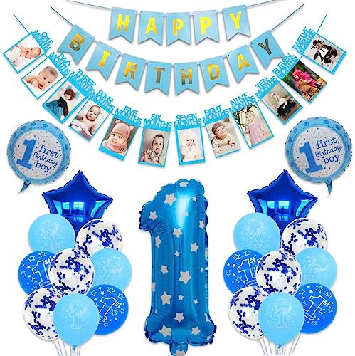 Daimay 1. Geburtstag Dekorationen für Junge 1 Jahr Geburtstag Luftballons Girlande Baby Fotogirlande Kinder Ersten Geburtstag Monat Foto Banner für Erster Geburtstag Dekorationen - Blau