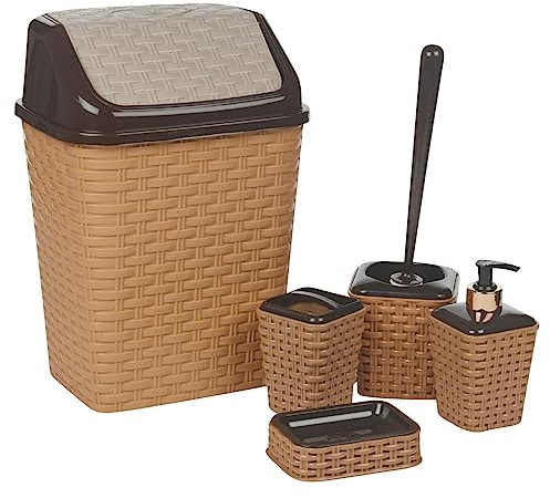 URBNLIVING 5 Pc Rattan Bathroom Bin Toilet Bowl Brush Toothbrush Soap Dispenser Holder Set (Cream)