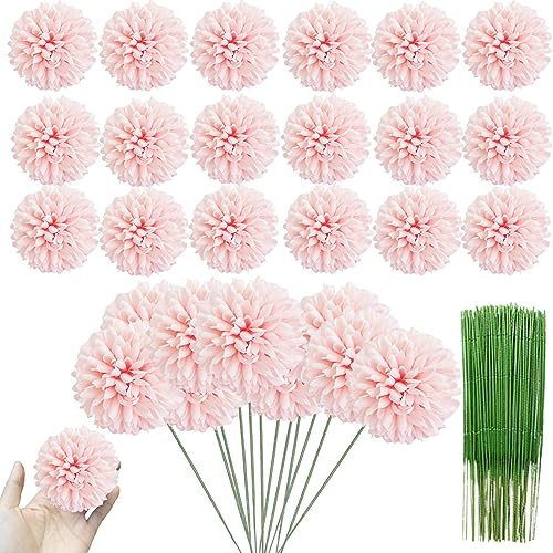 HinyoCo 30 pièces Fleurs Artificielles en Boule de Chrysanthème avec Tiges en Soie Arrangement D'hortensia Bouquet pour Le Bureau à Domicile Café et Décoration de Mariage (Rose pâle)