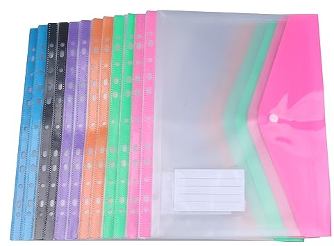 AMO HERMOSO Dokumentenmappe A4 12er Pack – Erweiterbare Dokumententaschen mit 11-Loch Lochung für Ordner, Kunststoff Sammelmappe mit Druckknopf in 6 Farben, Prospekthüllen für Büro, Schule & Uni